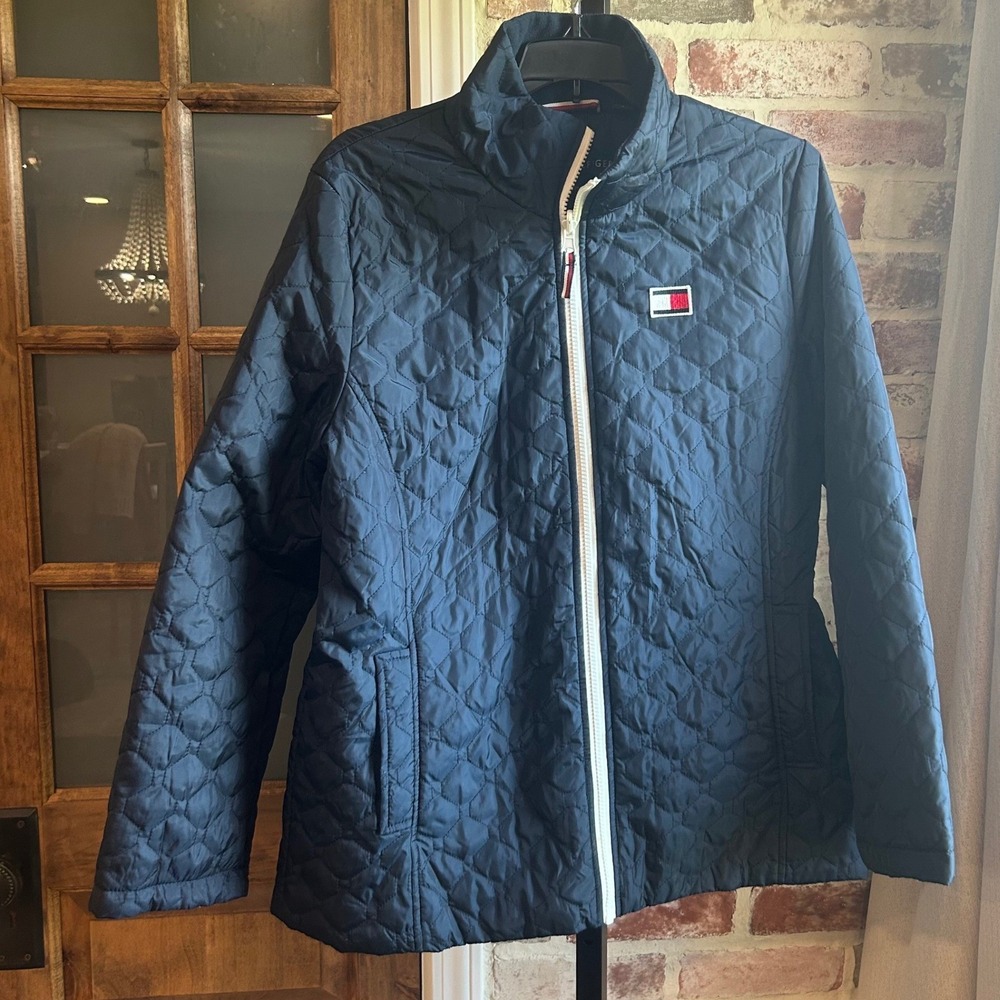Tommy Hilfiger Jacket Women Navy Blue Hexagon Quilted Full Zip Classic L